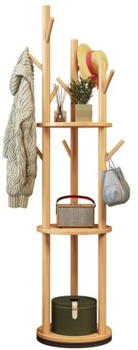 FGXHHS Garderobenständer aus Holz, Stehgarderobe, drehbarer Kleiderständer mit 3 Ablageflächen und 9 Haken, für Wohnbereich, Eingangsbereich, Flur, Schlafzimmer, Büro (Naturholz)