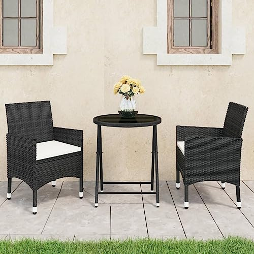 LoogCape Ensemble de bistrot 3 pièces en rotin synthétique et verre trempé - Noir - Table de jardin pliable - Meubles de balcon pour terrasse et véranda - Avec coussins blanc crème