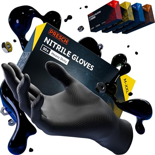 PRESCH Heavy Duty Einweghandschuhe Schwarz 50 Stk. (M - 8) - Nitrilhandschuhe mit Diamantenstruktur für stärksten Grip - Extra dick & reißfest - Einmalhandschuhe latexfrei & puderfrei