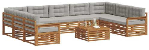 vidaXL Sofagarnituren 10 pcs Natürlich und Hellgrau Massivholz Akazie, Moderner Garten-Sofa, Outdoor-Sitzgruppe, Lounge-Set für die Terrasse, bequem und robust