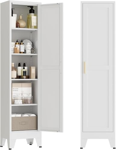 MetaCate lnov Armadietto Alto da 170 cm, Mobile in Metallo Stretto per Bagno con 1 Porta e 4 Ripiani, Adatto per Cucina, Soggiorno e Bagno, 30x40x170 cm, Stile Minimalista, Bianco