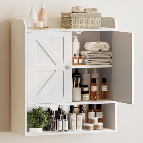 AMLANCHER Hängeschrank, Badezimmerschrank mit 2 Türen & Verstellbare Ablagen, Offenen Regalen, Wandschrank Hängend für Küche, Badezimmer, 21 x 55 x 66 cm, Weiß