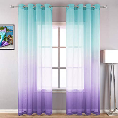KOUFALL Mädchen-Vorhänge für Schlafzimmer, lila, lila und türkis, Meerjungfrauen-Dekor, Mädchenzimmer-Vorhänge, 2 Paneele, 213 cm Länge
