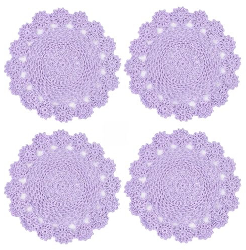 kilofly Crochet Cotton Lace Table Placemats Doilies Pack, 4pc, Purple, 7 inch