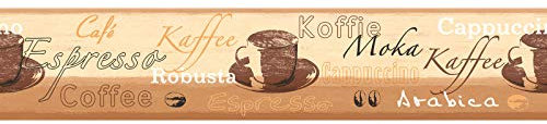 Küchentapete mit Kaffee Design | Selbstklebende Tapetenbordüre in Beige Braun | Vlies Tapetenborte mit Vinyl mit Schriftzug