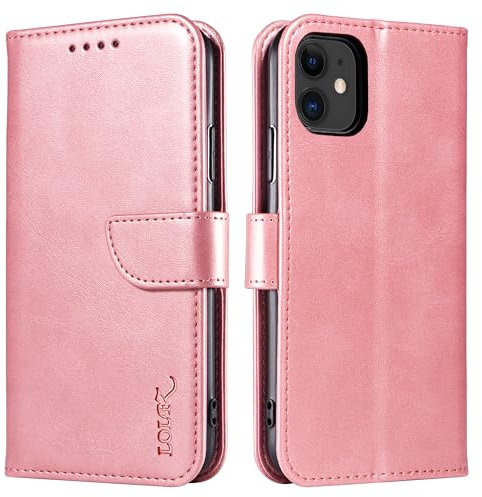 LOLFZ Wallet Case for iPhone 11, Vintage Leather Book Case with Card Holder Kickstand Magnetic Closure Flip Case Cover for iPhone 11 - Rose Gold