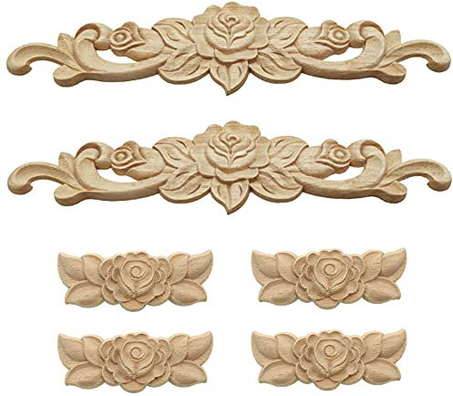 Zasvec Holz Ornament 6 Stück Holzornamente Bastelholz Ornamente für Möbel Applikation Holz Schnitzerei Holz Dekorative Deko Geschnitztes Holz Schnitzerei Ornament für Möbel Wanddeko 30 * 7cm