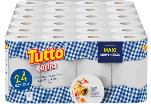 Tutto Cucina 24 Maxi Rotoli di Carta, 2 Veli, 100* Strappi, Extra Assorbenti e Super Resistenti, Adatti alla Pulizia delle Superfici e al Contatto con Alimenti, Made in Italy