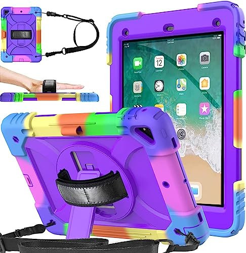 SINSO Case for iPad 6th/5th Generation 9.7 Inch 2018/2017, Air 2/Pro2016, Shockproof Protective ipad Cover with 360 Rotating Stand/Hand Strap/Pencil Holder, Purple