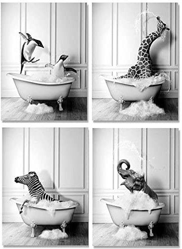 GHJKL Schwarz Weiß Set, Badezimmer Bilder, Tier in Der Badewanne Vintage Leinwand Poster, Toilette Wohnkultur - Ohne Rahmen (Süße Tiere, 30X40cm*4PCS)