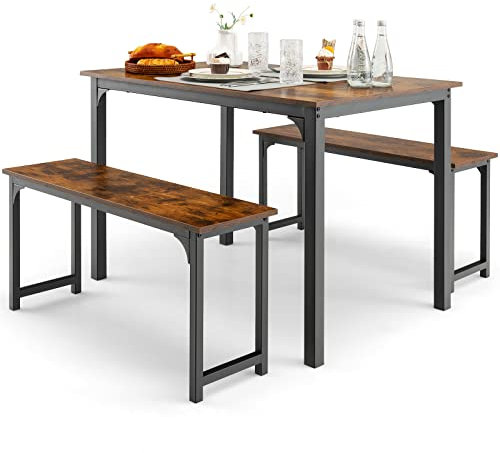 COSTWAY Dining Table Set with 2 Benches, 3 PCS Breakfast Table and Benches with Anti-slip Foot Pads, Space-Saving Kitchen Dinette Table Furniture Set for 4 People Small Space (Coffee+Black)