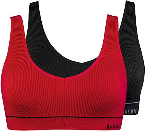Nur Die 2er Pack Retro Bustier sportlich ohne Bügel bügelloser BH Bra Unterwäsche Damen, rot/schwarz, L