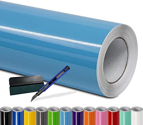 Folindo® Autofolie Hell Blau Glanz (12€/m²) - 200 x 152 cm - Selbstklebende Car Wrapping Folie mit Luftkanälen - inkl. Rakel & Cutter - Blasenfreie Auto Folierung - Hochwertige Vinylfolie