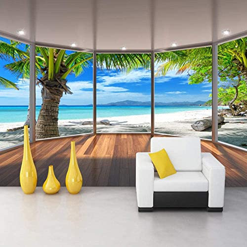 Murales Personalizzati Con Carta Da Parati - Scenario Dell'Albero Di Cocco Della Spiaggia Della Finestra Del Balcone - Carta Da Parati Autoadesiva Panorama 3D Carta Da Parati Carta Da 350(L)x256(H) cm