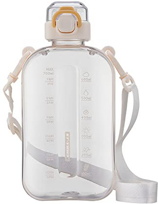 SEASEVEN Flat Water Bottle 750ML,Plastic Drinks Bottle,Sports Water Bottles with Time Markings,Girls Boys Waterbottle Leak-Proof & Bpa-Free for Gym,Cycling, Office, Outdoor(Flat White)