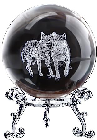 ZEERSHEE Wolfs-Kristallkugel 60 mm mit 3D-lasergraviertem Kristallständer, Werbegeschenke für Wolfsliebhaber, Dekoration für Zuhause und Büro