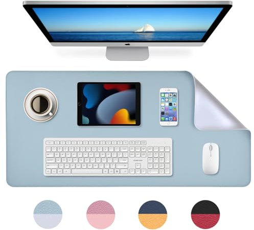 MumdoYAL Schreibtischunterlage, Mauspad, Desk Mat, Wasserdichte Tischunterlage aus PU, 80 x 40 cm, ideal für Büro- oder Heimbereich, doppelseitig (Silber/Himmelblau)