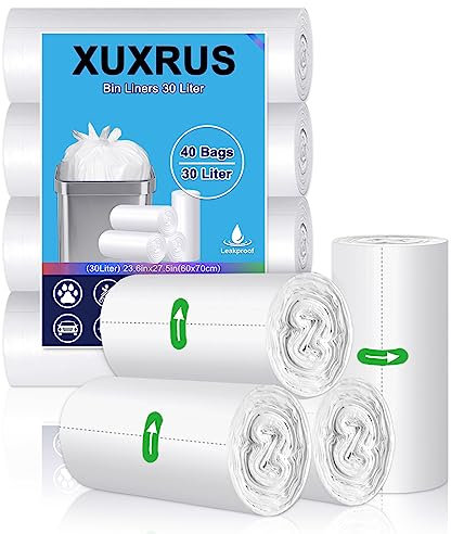 XUXRUS Bolsas de basura de 30 L, bolsas de basura de cocina, bolsas de basura grandes, transparentes, 40 unidades, color blanco