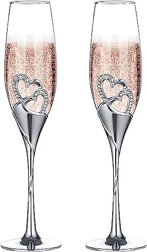 ukgiftstoreonline Double Heart Wedding Champagne Flute with Sparkling Crystals
