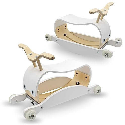 Mamabrum, Holzreiter und Schaukelstuhl für Kinder - 2in1, Leicht 3,5 kg, Profilierter Sitz, Schlichter Stil, Kautschukrollen, Leise, Regal in der Mitte Schaukelstuhl Baby, Schaukelpferd