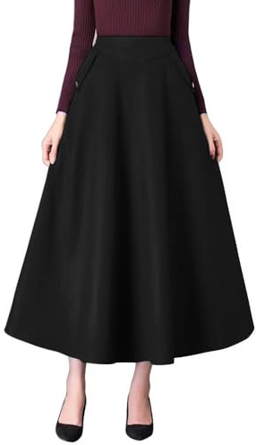 Ylingjun Warm Long Wool Skirt for Womens Winter Fall Elastic High Waisted A Line Flared Pleated Wool Skirts, Pure Black, XXL