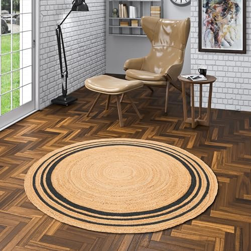 Pergamon Natur Teppich Handgefertigt Jute Rund Wohnzimmer Boho mit Bordüre oder Ethno Style