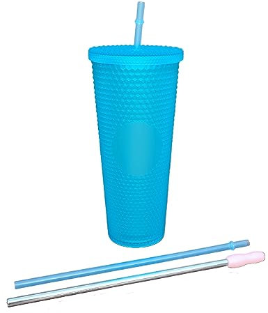 ThreeRs Reuse Recycle Reduce Studded Tumbler Cup with Straws Lid Double Walled for Ice Coffee Water Slush Smoothies Home Cinema Your Favourite Cold Drinks 24OZ 710ml (Matt Blue)