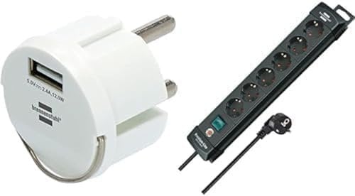 Brennenstuhl USB Steckdosenadapter (2,4A, kompatibel mit IP44 Steckdosen und Kabeltrommeln von Brennenstuhl) + Brennenstuhl Premium-Line, Steckdosenleiste 6-Fach (mit Schalter, Made in Germany)
