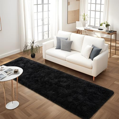 FALARK Weicher, schwarzer Läufer für Schlafzimmer, 60 x 180 cm, Bettvorleger, Plüsch, flauschig, moderner Teppich, Teppich für Wohnzimmer, Mädchen, Kinderzimmer, Heimdekoration, Schwarz
