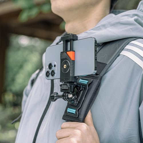 SOH Rucksack-Schultergurt-Halterung für Handy, 360° drehbar, verstellbares Schulterpolster und Klettverschluss-Montagesystem für iPhone 15 Pro Max/14/13/Samsung, Google, LG, Pixel, Xiaomi, alle