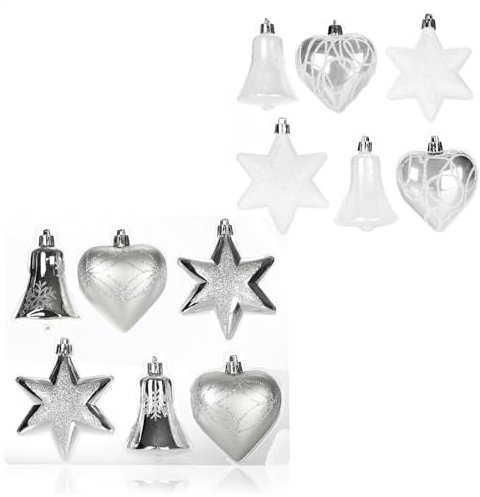 com-four® 12-teiliges Set Christbaumschmuck - Christbaumkugeln in verschiedenen Formen - Glocke, Herz und Stern zum Anhängen am Weihnachtsbaum (weiß/silberfarben - 12 Stück)