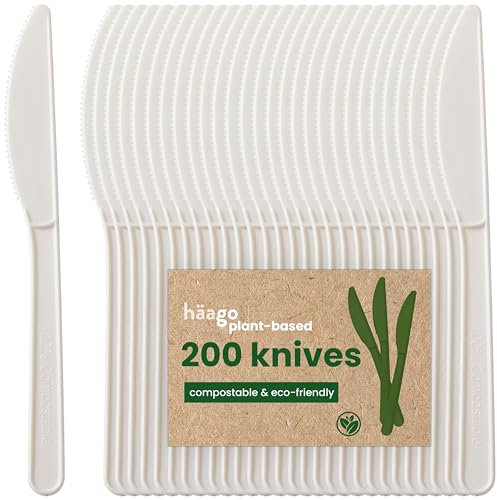 HAAGO 400 Messer Besteck Wiederverwendbar - Biologisch Abbaubar (Weiß, 17,7 cm) - Umweltfreundliches Mehrwegbesteck für Party, Garten & Hochzeit