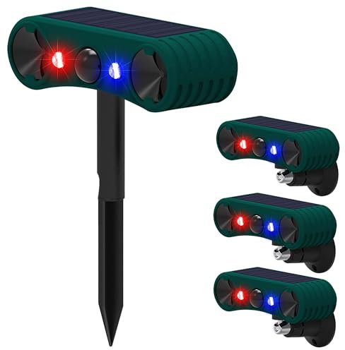QXMH Alarme Solaire avec détecteur de Mouvement intérieur et extérieur - 129 DB - Sirène puissante - 4 Modes - Alarme de sécurité - Lumière Rouge et Bleue (4 Pack)