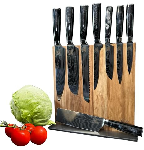 Messerhai Messerblock-Set Kuro, 8-teiliges Küchenmesser-Set mit Messerblock – Chefmesser, Santoku, Ausbeinmesser, Brotmesser, Schälmesser, Nakiri, Yanagiba, hygienische Aufbewahrung, in Geschenkbox