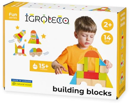 Igroteco® Bauklötze-Set Universal – 14 Teile aus natürlichem Holz, zertifizierte Farben, langlebig, kreativ und sicher, inkl. 15 Bauideen – Geschenk für Kinder ab 2 Jahren