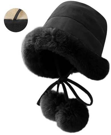 crazy bean Fischerhut Damen Fell Winter Glockenhut Damen mit Gefütterte mit Bommel Kinnriemen Warm Damenmützen Fluffy Elegant Kunstpelz Cloche schwarz