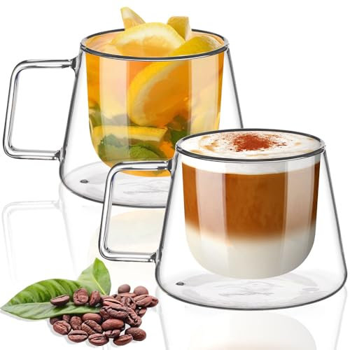 TKNO 2 Pack Double Walled Coffee Glasses Mugs Cappuccino Latte Macchiato Glasses Cups with Handle, Borosilicate Heat Resistant Glass Cups for Coffee Tea Milk Juice, Ideal for Hot & Cold Drinks, 300ml