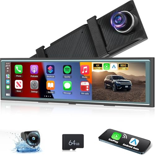 NHOPEEW 10,99 Zoll Rückspiegel mit 4K Frontkamera - Wireless CarPlay & Android Auto - Unterstützung Mirror Link FM Übertragung Nachtsicht WiFi Verbindung