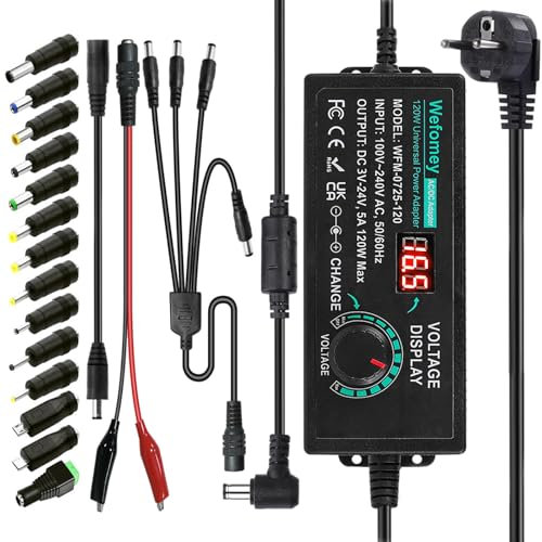 3-24V 5A 120W Einstellbares Netzadapter, Universal Verstellbarer Netzteil Adapter,100V-240V AC to DC 5A Netzteil mit 14 Tipps und 1 Buchse auf 4 Stecker Splitterkabel für Haushaltselektronik,DC Motor