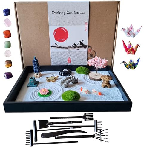 ZEN&TAO Classic Desktop Zen Garden with Abundant (Over 20) Accessories Sitting in Large Black Original Wood Tray and 7pcs Toolset Encased in Metal Box (CHAKRA GEMSTONES)