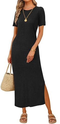 Arach&Cloz Long Maxi Dresses for Women UK Short Sleeve Summer Shirt Dress Ladies Casual Work Dress Side Split Black XL