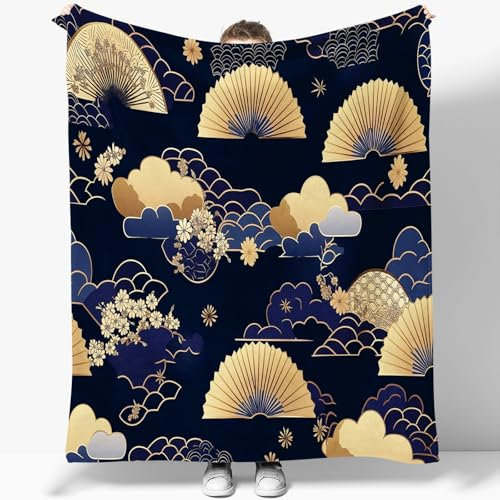 Kuscheldecke Flauschig Decke 130 x 150 cm Wohndecke Couchdecke Mikrofaser Sofaüberwurf Tagesdecke weiche warme Sofadecke mit Schlichter Luxus-Ventilator Wolken Motiv Gold Blau