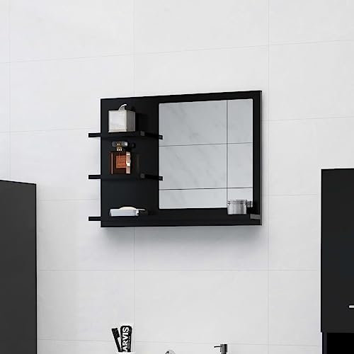Myheimly Badspiegel, Wandschrank für Badezimmer, Badezimmerspiegel mit 3 Ablagen, Spiegel Schminkspiegel Bad Badmöbel, Holzwerkstoff Badspiegel,Schwarz