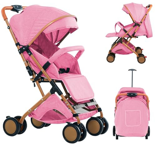 Poussette Canne,Poussette Bebe Légère et Compacte, réglage du dossier jusqu’à la position couchée,45 * 71 * 98cm, S'asseoir/se coucher/pousser/tirer, Moustiquaire en coton, rose