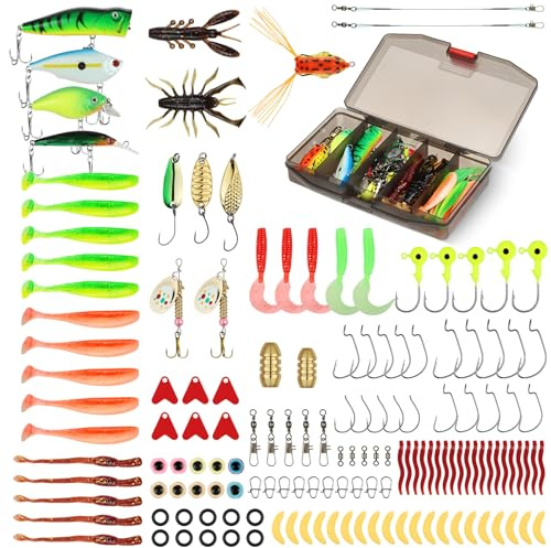 Vicloon Pesca Señuelos Accesorios Kit, Accesorios de Pesca, Set de Cebos, Incluido la Caja Tackle, Ganchos, Tijeras, Cebos, Popper, Grillos y Más