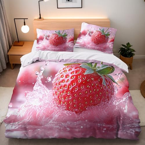 Generisch Bettwäsche 135x200 cm Bettwäsche-Sets Erdbeere 3D Effekt Weiche Mikrofaser Artikel Obst Bettbezüge 3 Teilig Mit Verdecktem ReißVerschluss und 2 Kissenbezug 80x80 cm