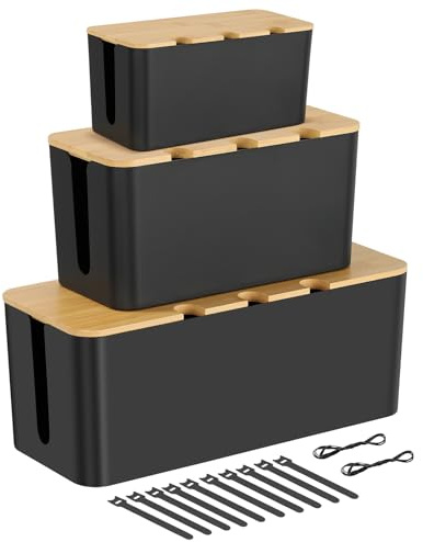 CRROEL Cable Tidy Box,3 Cables management box with Bamboo Lid, Cables Organised Box for Hiding Messy Cables Wire Management Power Strips and Electrical Cords from TVs, Computers, and Desks- Black