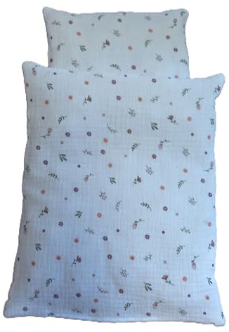 Puppenbettwäsche, Musselin 2 Größen, für Puppenbett, Puppenlauflernwagen, Decke 26b x 31 cm/Decke 33 b x 40h cm, Verschiedene Ausführungen (Streublumen groß)