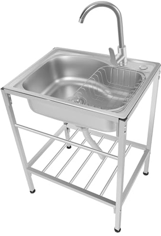 60 x 45 x 75cm Outdoor Utility Sink with Cold and Hot Faucet und Storage Shelf,304 Stainless Steel Free Standing Single Bowl Kitchen Sink,Commercial Sinks for Outdoor Camping Restaurant