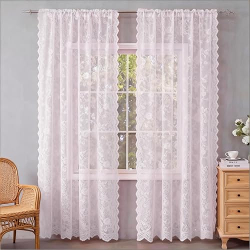 Fmorgen Französische Spitzenvorhang Durchlässig Spitzenvorhang 2 Stück Spitzengardinen Gardinen Vintage-Fensterbehandlung Ösenvorhang für Wohnzimmer Schlafzimmer(Pink, 132x245CM)